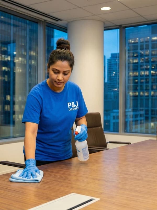 P&J Cleaners professional sanitizing a corporate office in Vancouver