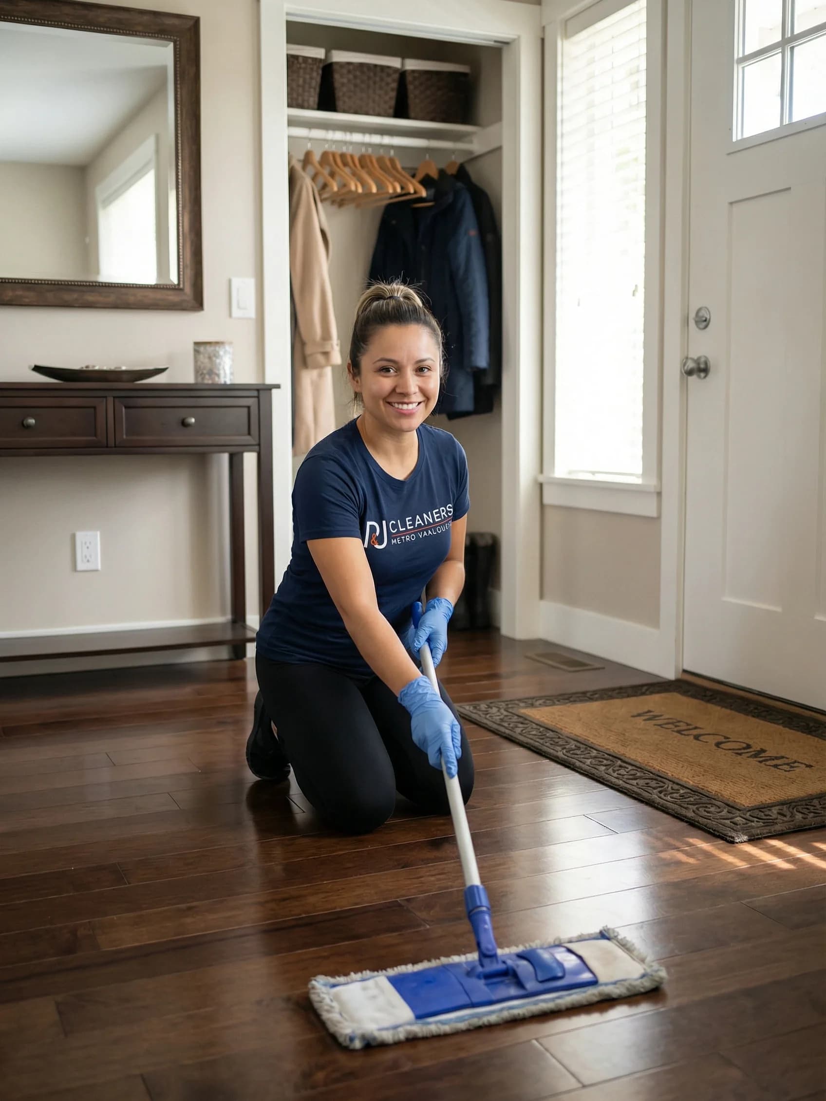 Professional cleaning hardwood entryway in North Vancouver home