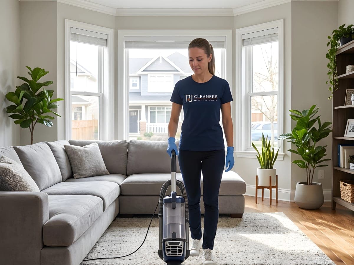 Professional cleaner performing high-standard cleaning in a spacious living room