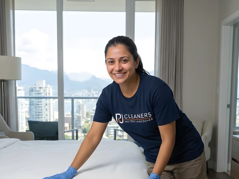 Professional cleaner making luxury king bed with white linens
