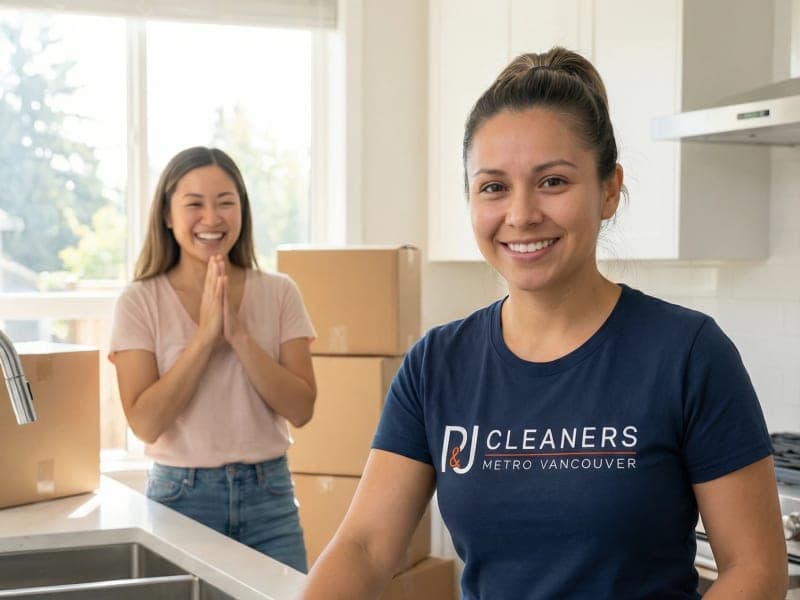New homeowner watching professional cleaner prepare their home for move-in