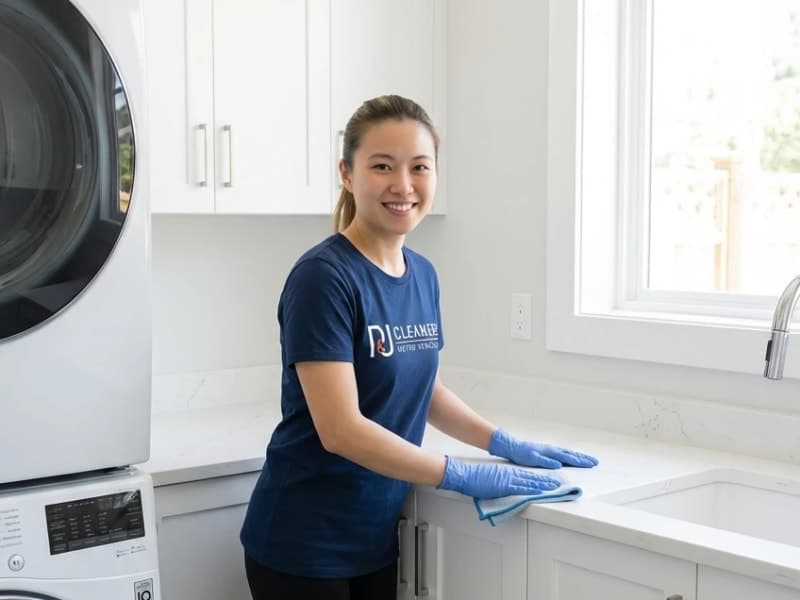 New home laundry area being sanitized by professional cleaner