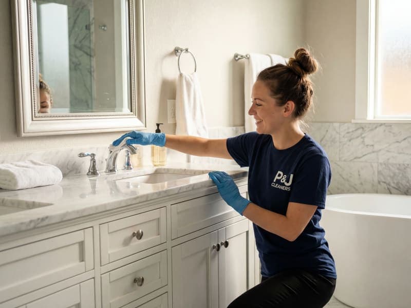 Professional cleaner scrubbing a luxury master bathroom marble tile
