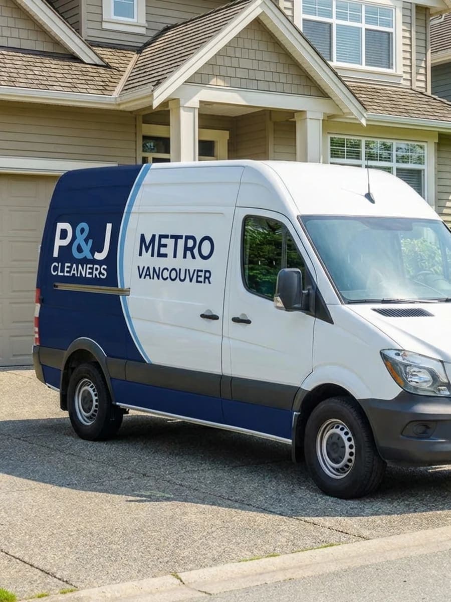 P&J Cleaners branded service van outside a Vancouver home