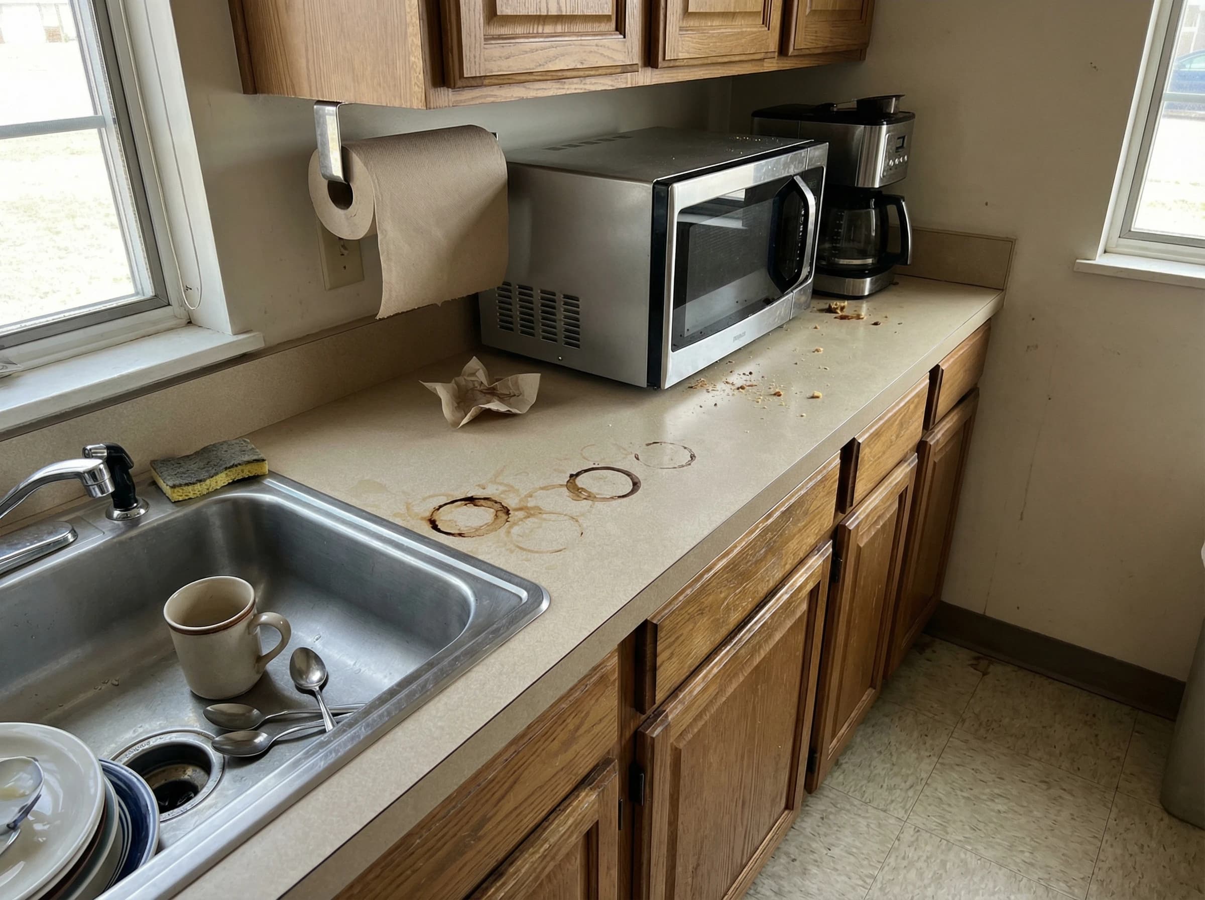 Dirty kitchen counter with dishes before deep cleaning service in Maple Ridge home