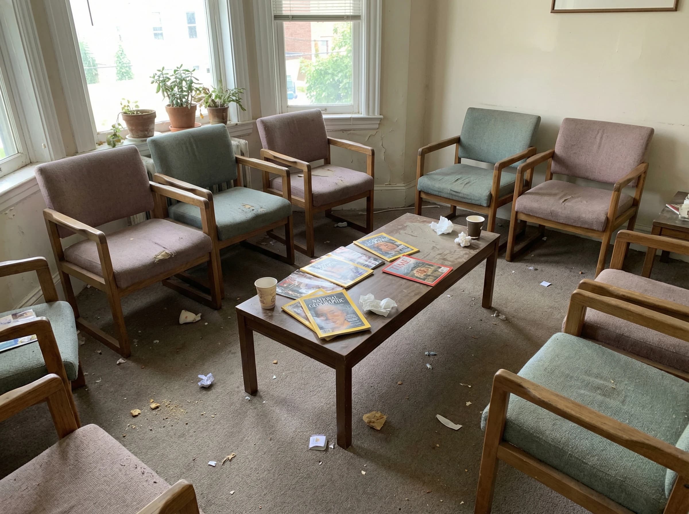 Cluttered school waiting area before professional educational cleaning service