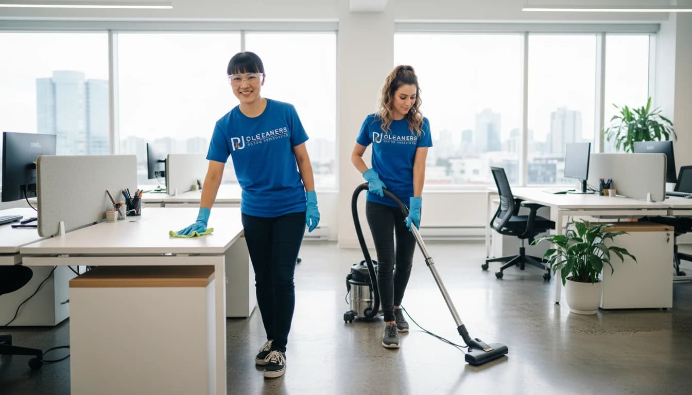 Cleaning team dusting desks and vacuuming floors in bright, modern office space