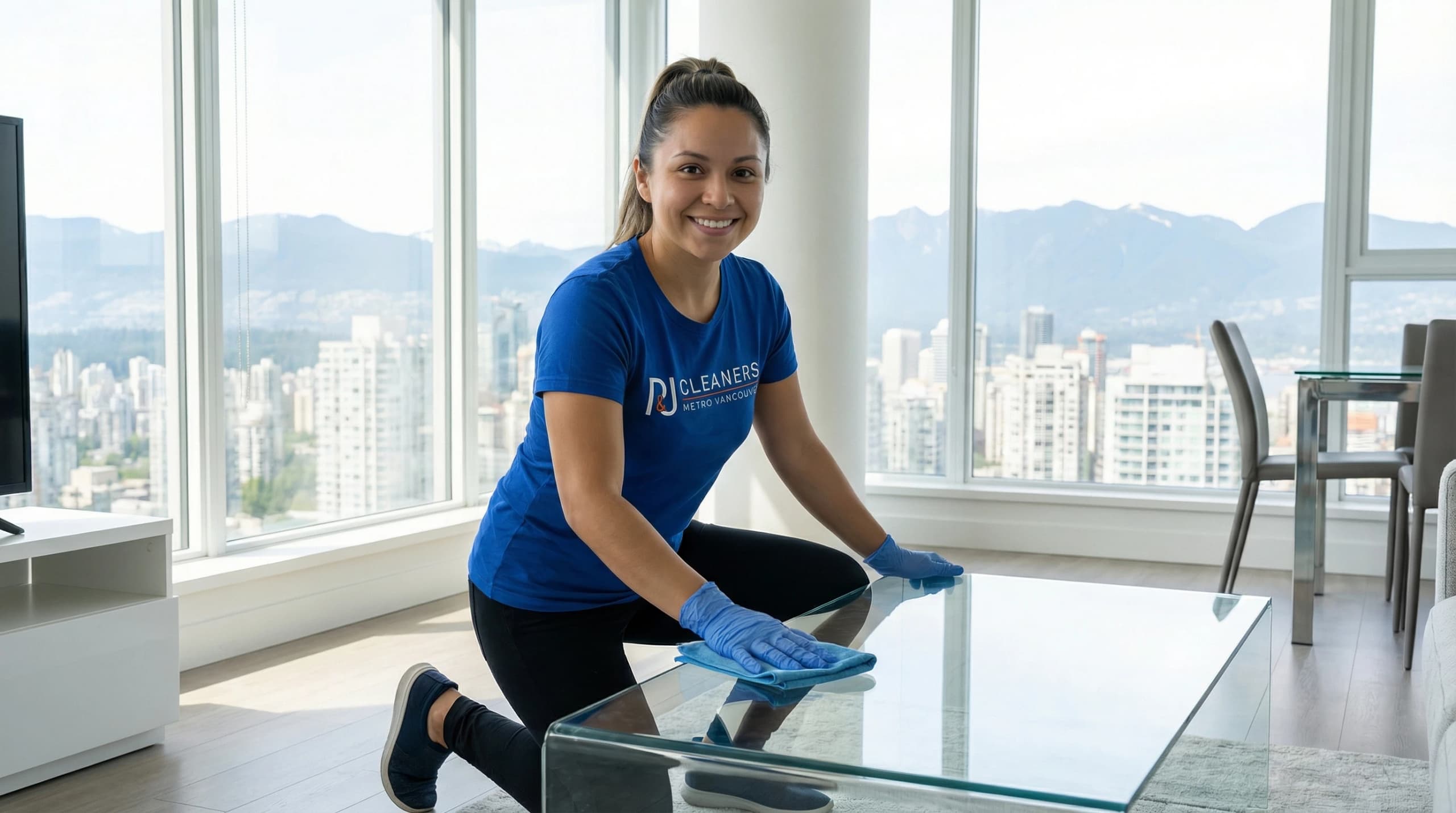 Professional cleaner wiping glass surfaces in Richmond apartment with moisture control equipment
