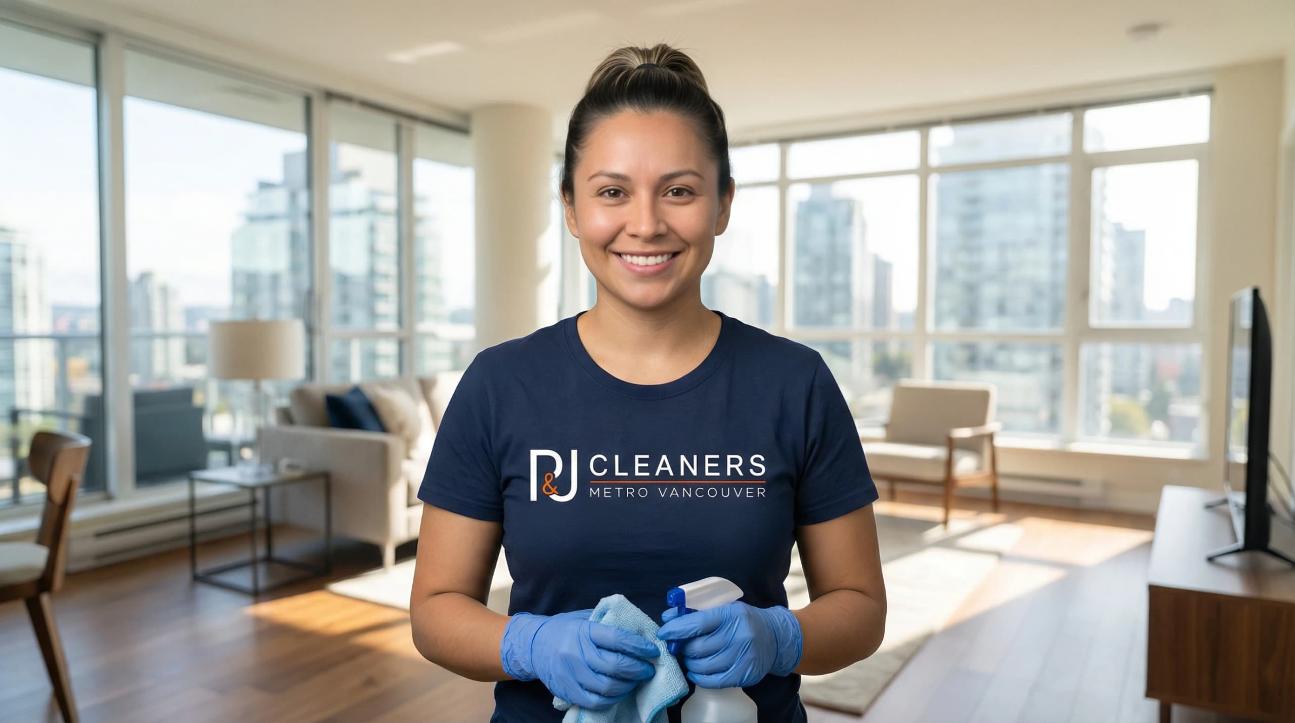 Professional cleaner with supplies in modern Langley apartment ensuring deposit recovery standards