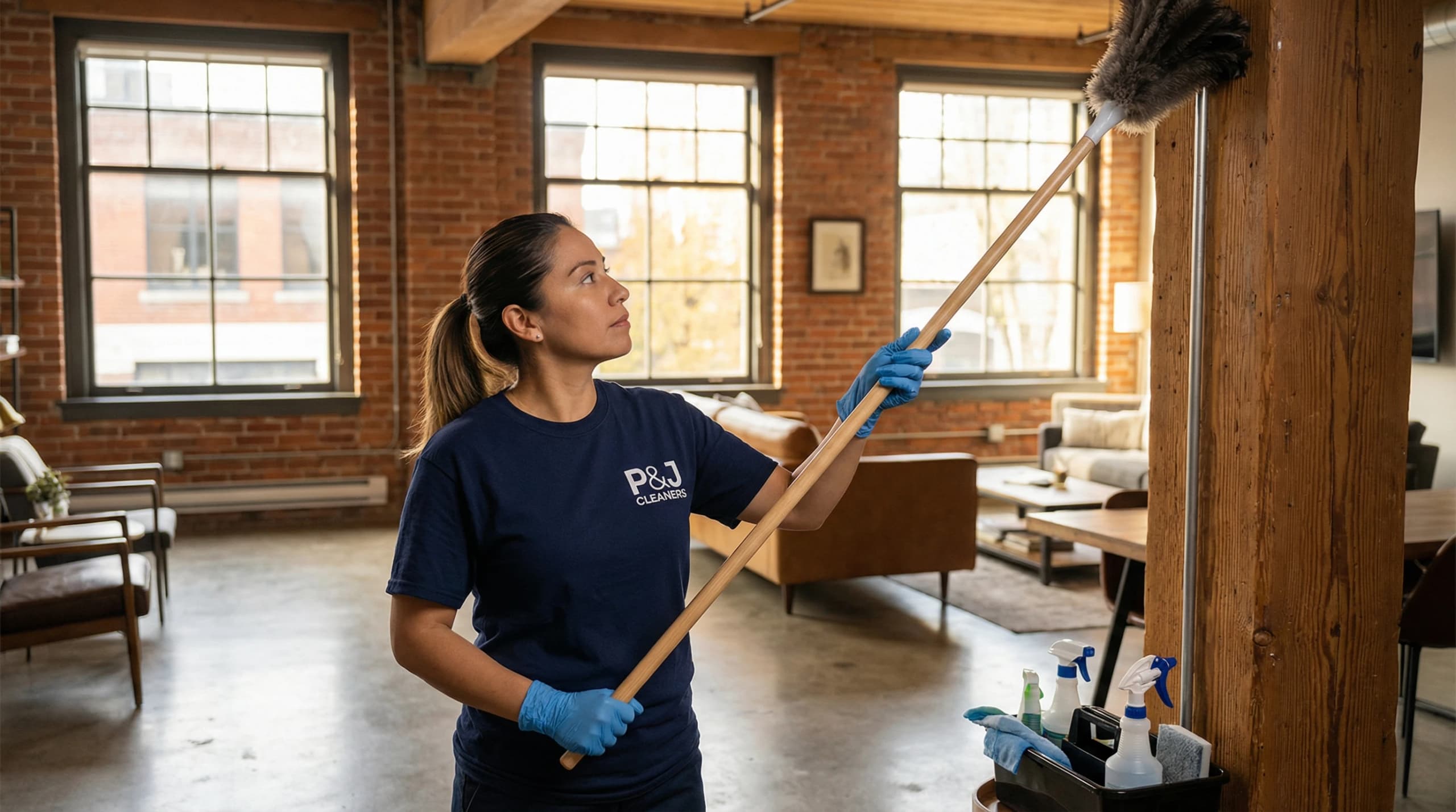 Cleaning professional dusts high surfaces in brick-walled loft apartment