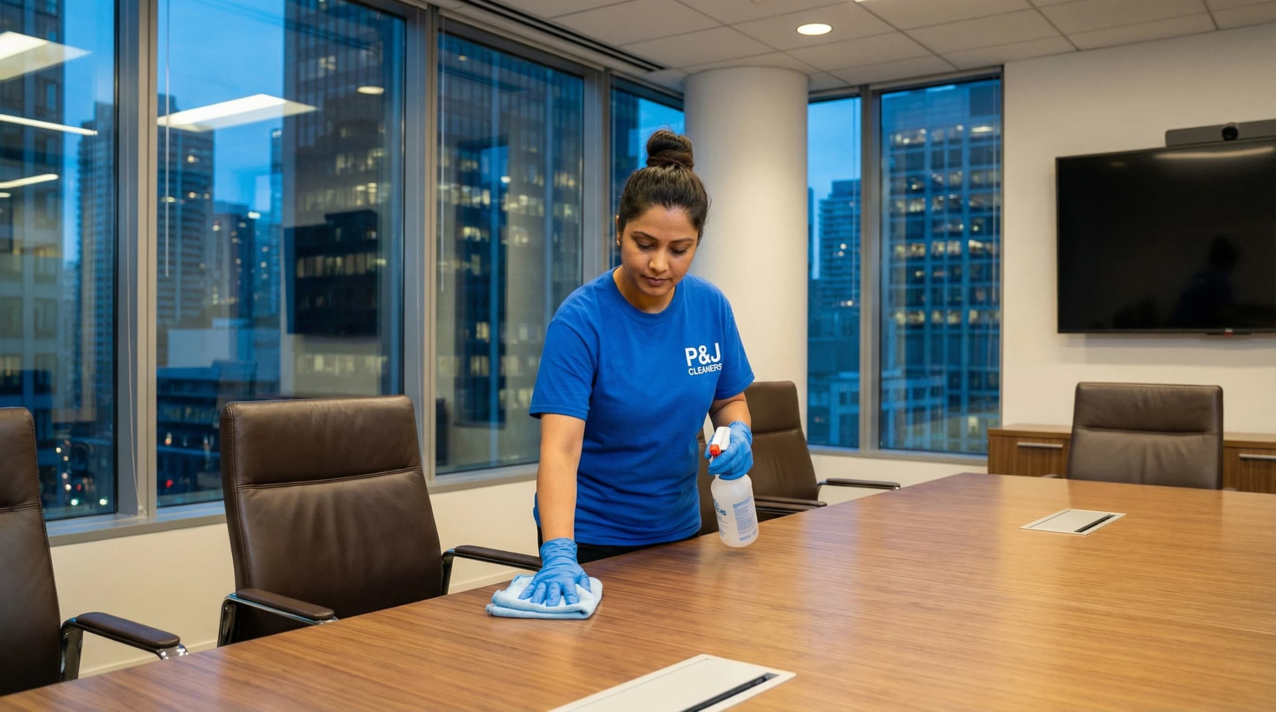 Cleaner wiping down conference table in modern office with city view.