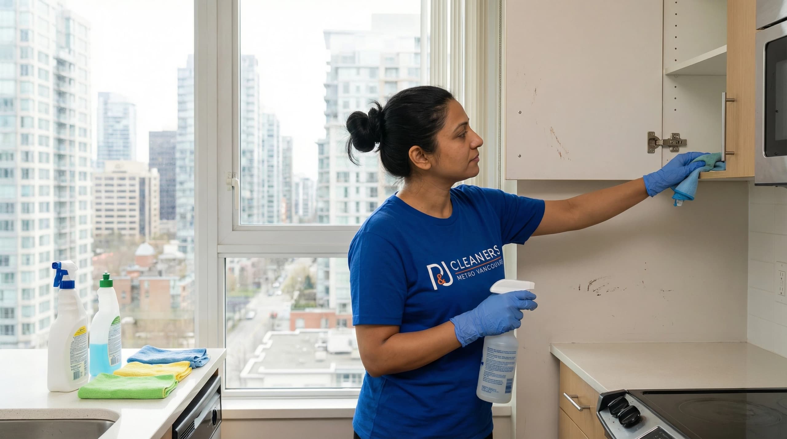 Professional cleaner wiping modern apartment kitchen cabinets in Surrey high-rise