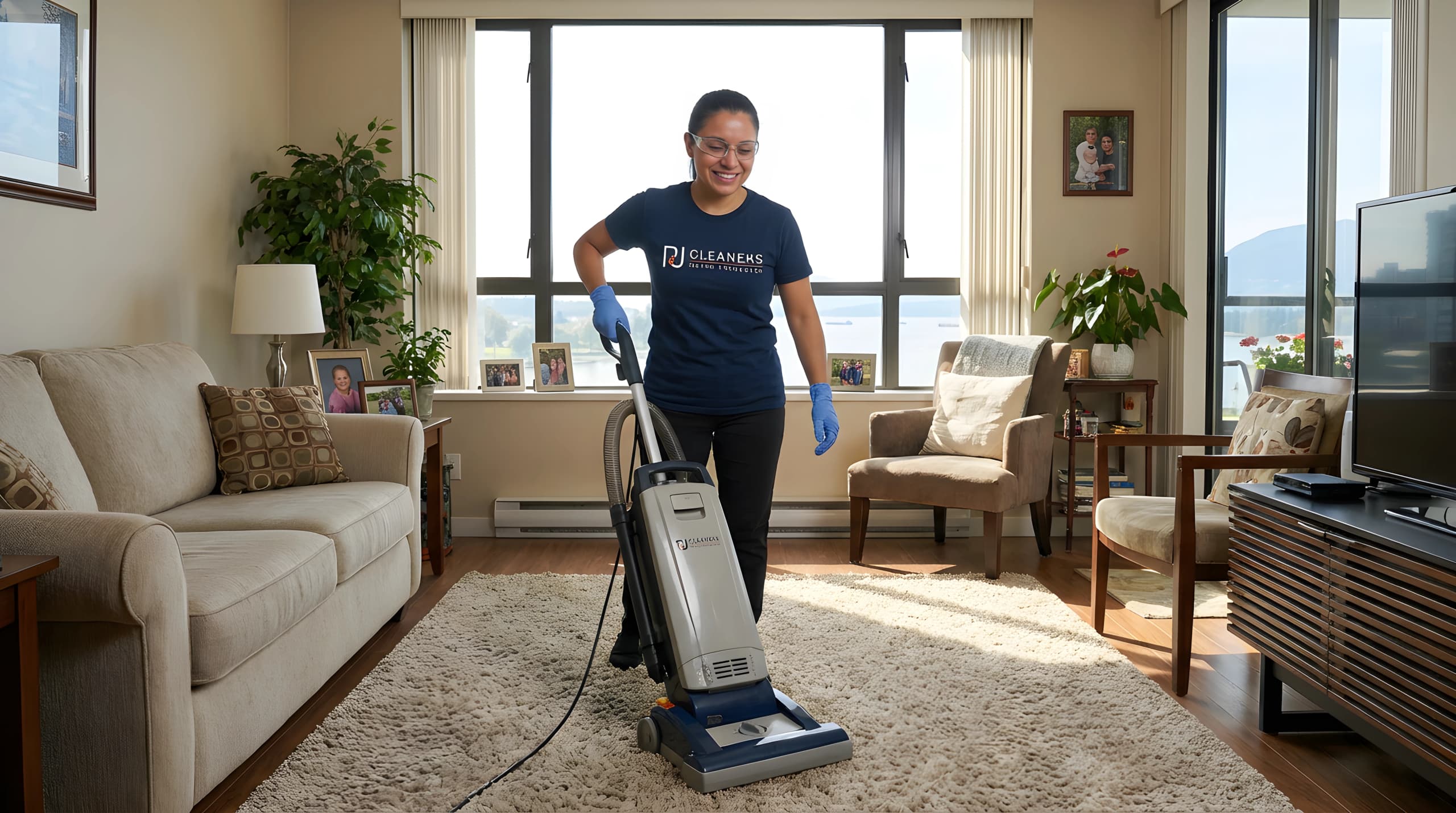P&J Cleaners professional vacuuming carpet in North Delta apartment living room