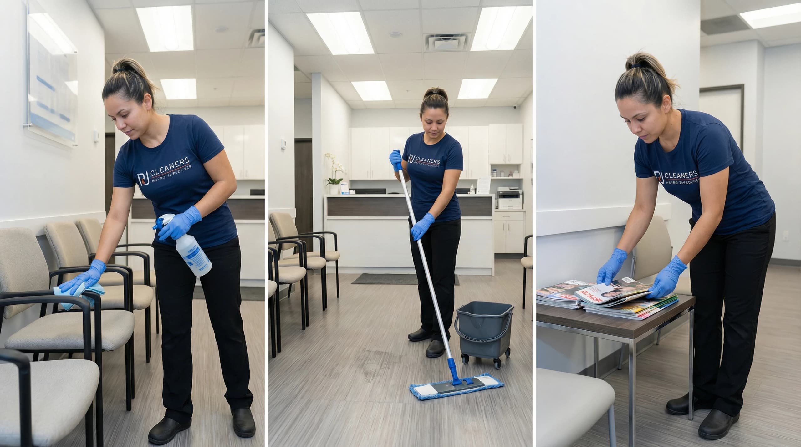 Cleaning professional disinfecting chairs mopping floors and tidying magazines in bright waiting room