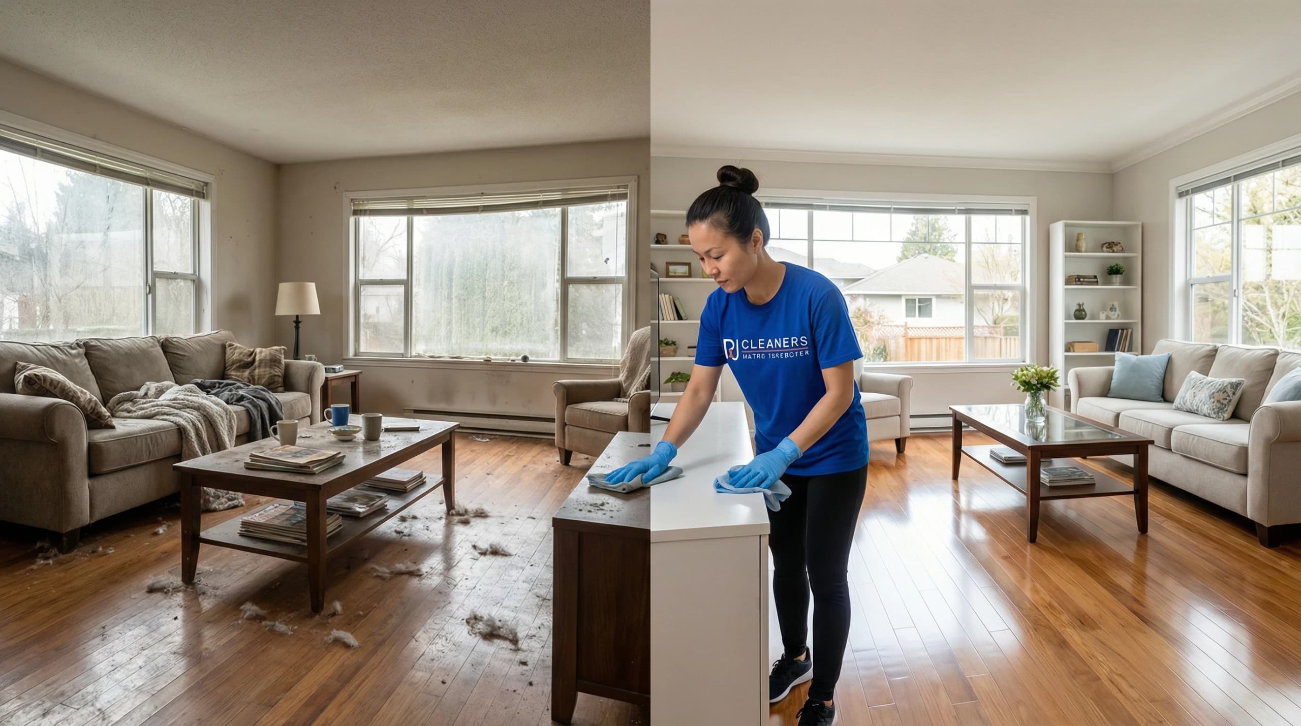 Professional cleaner restoring North Vancouver living room after emergency flood damage