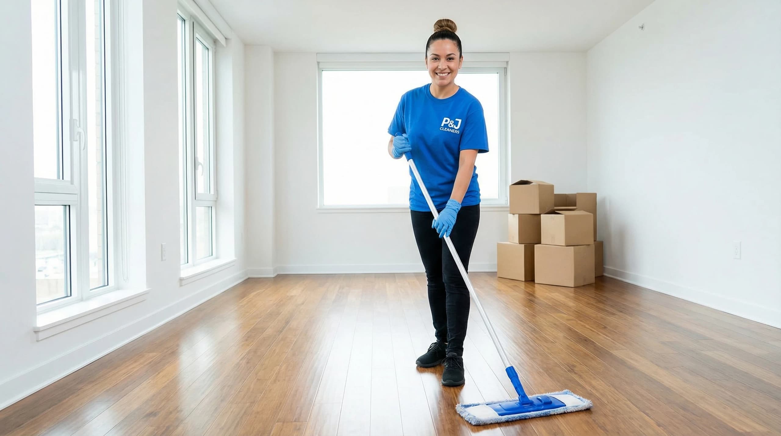 Smiling cleaner mops hardwood floor in bright, empty apartment with moving boxes