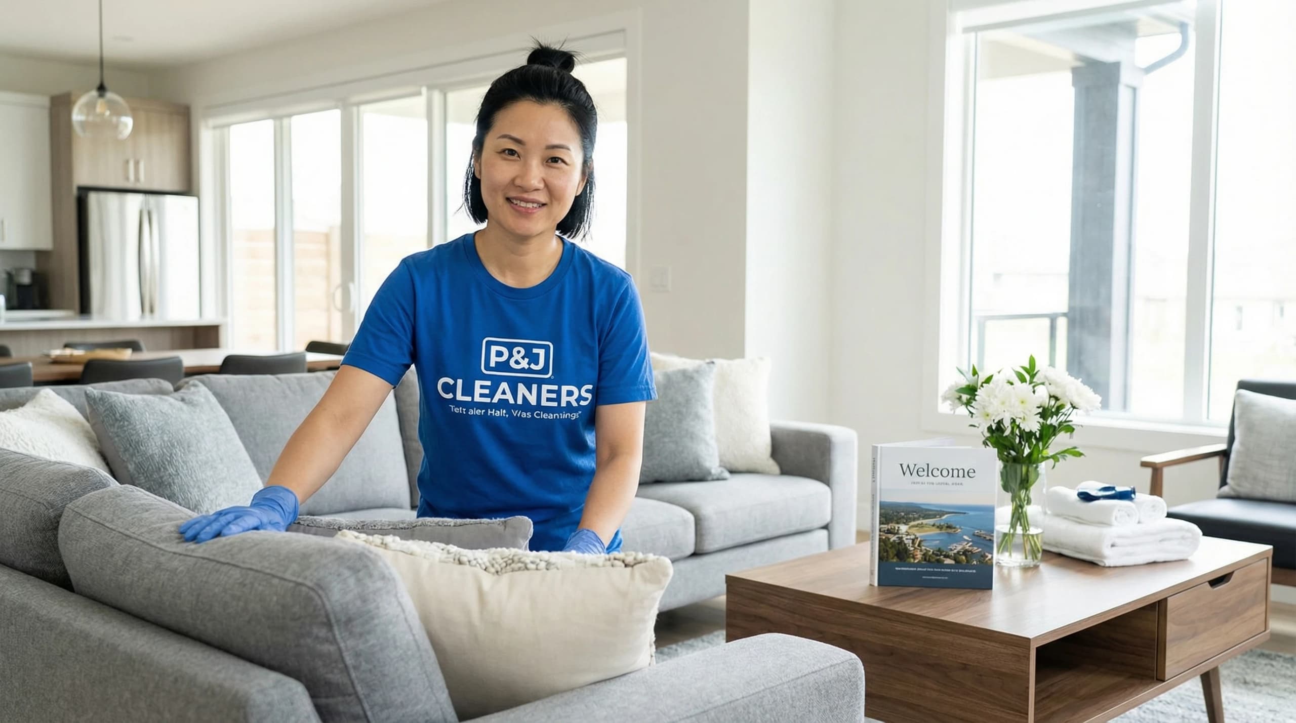 Professional cleaner dusting modern sofa with microfibre cloth in bright living room