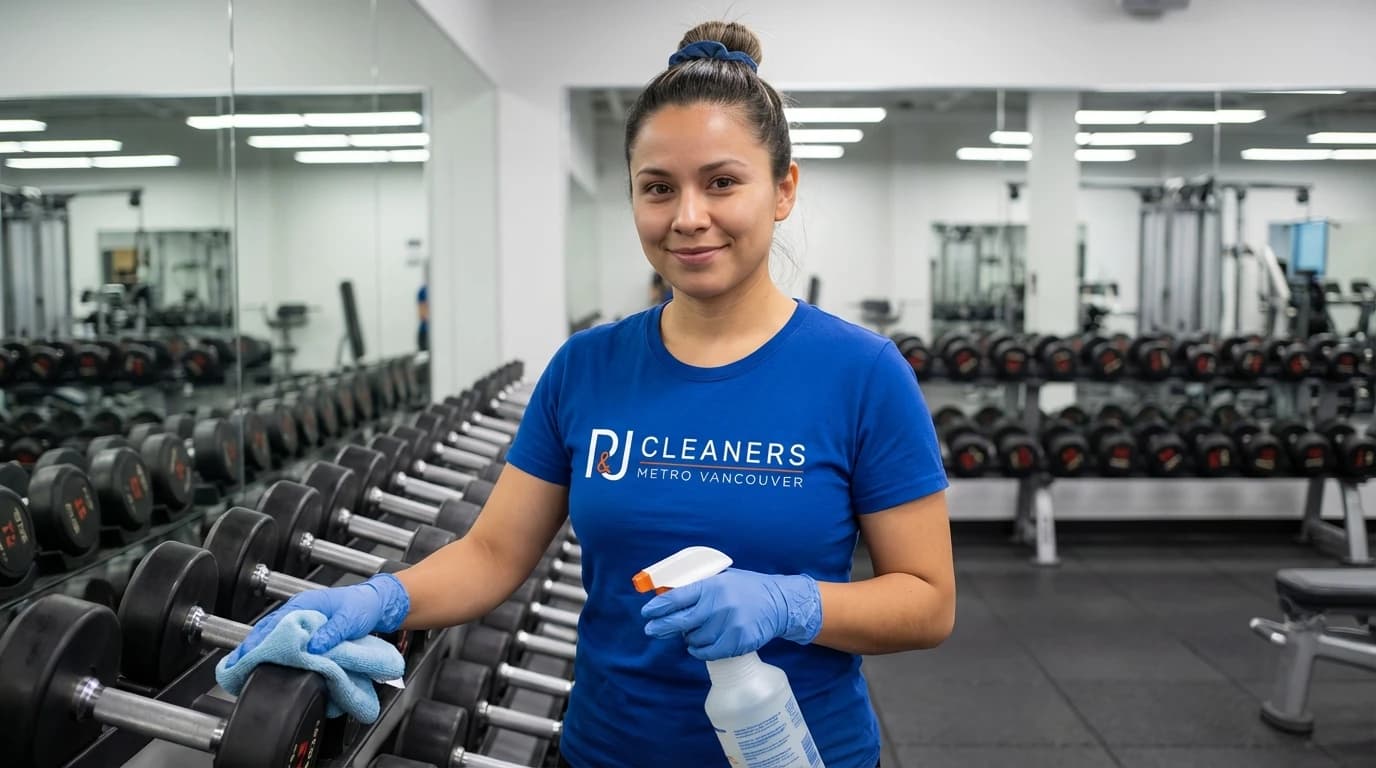 Cleaner wiping down weight bench and dumbbells in school gymnasium with disinfectant spray