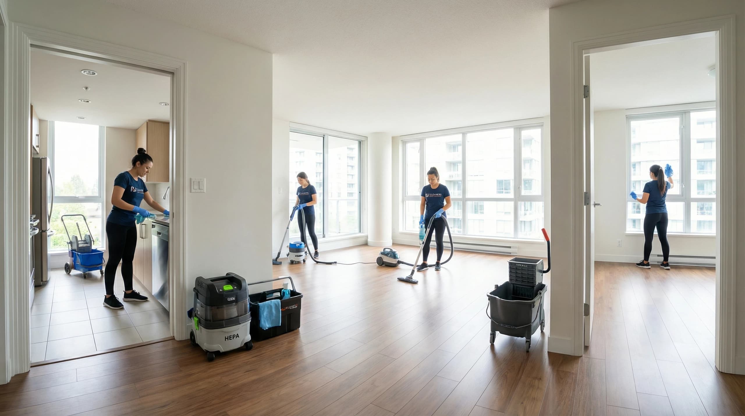 Cleaning crew tidying modern apartment with hardwood floors and large windows