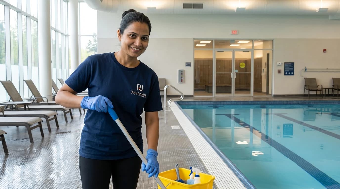 Professional cleaner in P&J uniform mops poolside floor ensuring Airbnb property meets BC cleaning standards