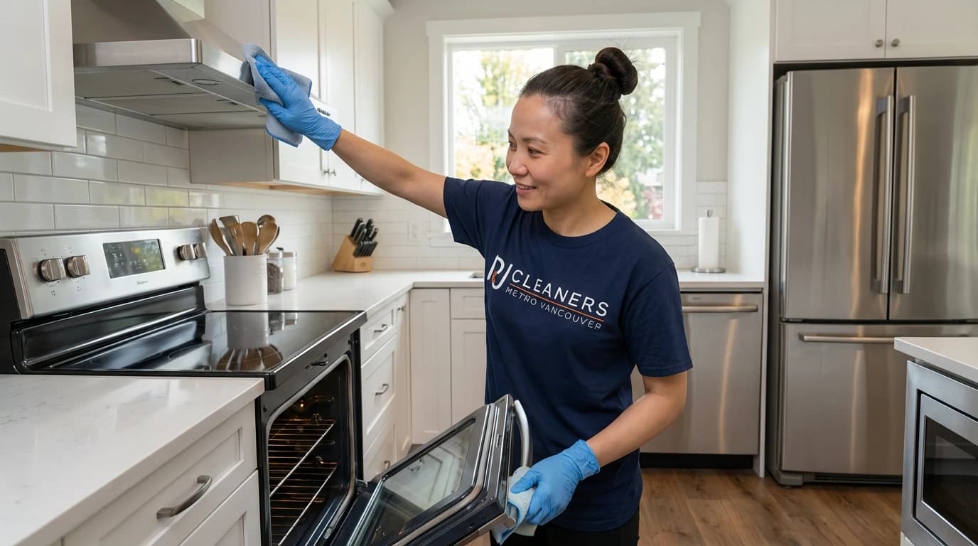 Professional cleaner deep cleaning kitchen with oven door open showing spotless interior in modern Vancouver home