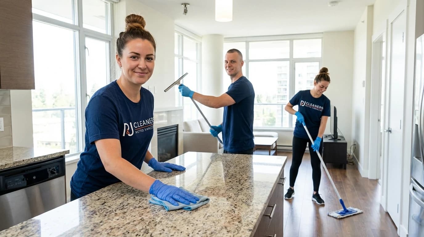 Cleaning crew tidies modern apartment: wiping counters, squeegeeing windows, and mopping floors.