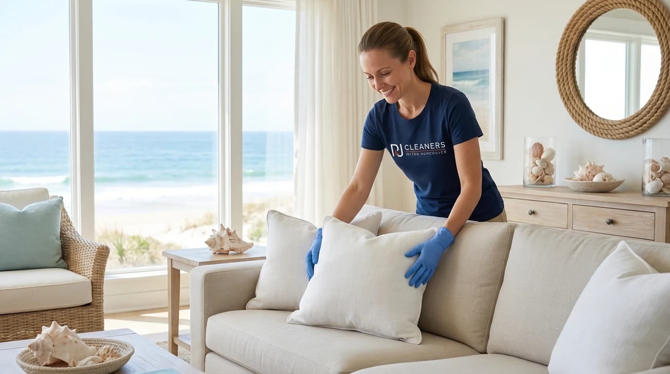 Cleaner wearing gloves arranges pillows on sofa in bright, beach-view living room