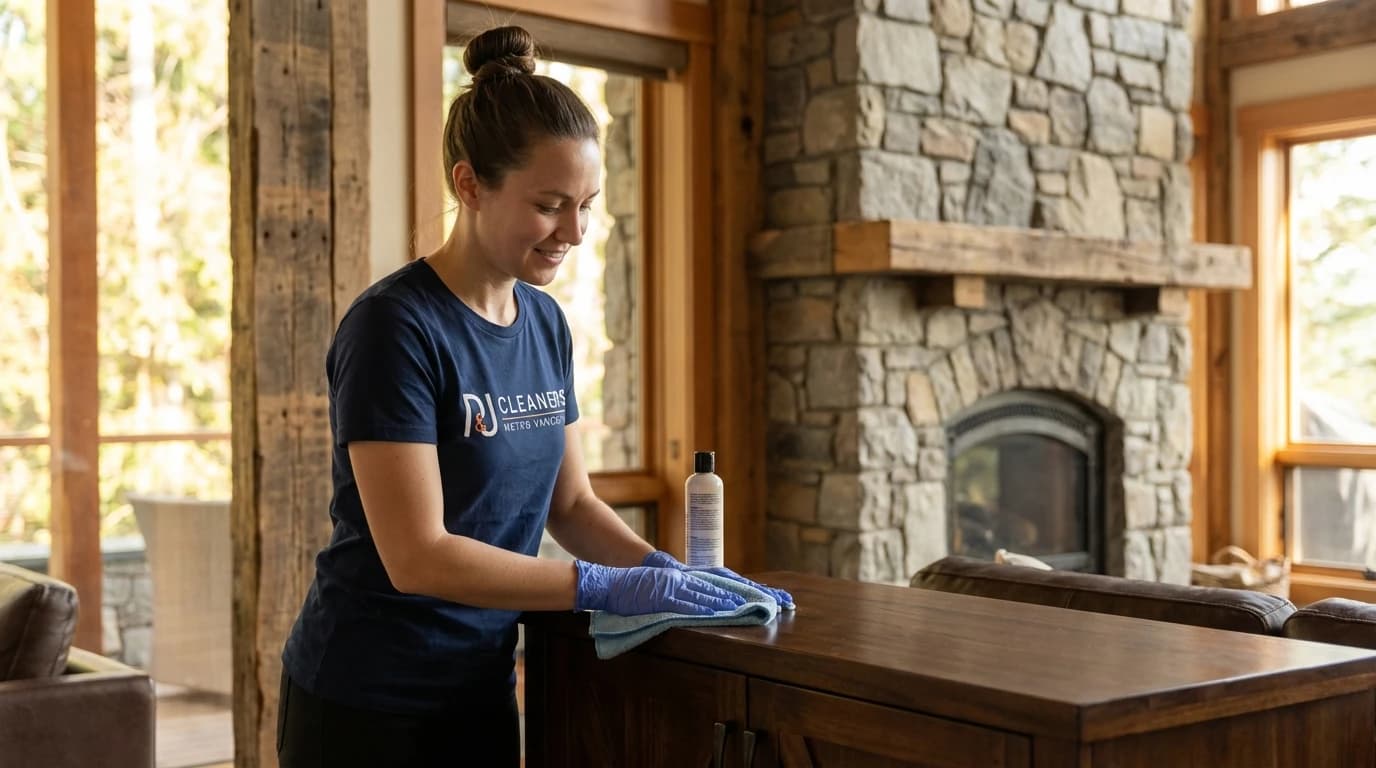 Cleaner polishing wooden furniture in rustic living room with stone fireplace.