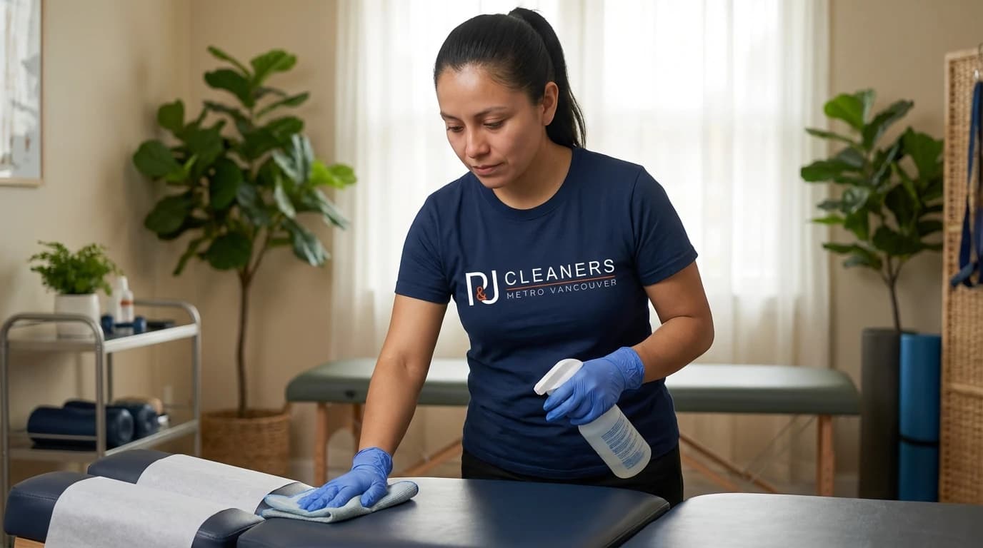 Professional cleaner sanitizing examination table in bright medical office with plants
