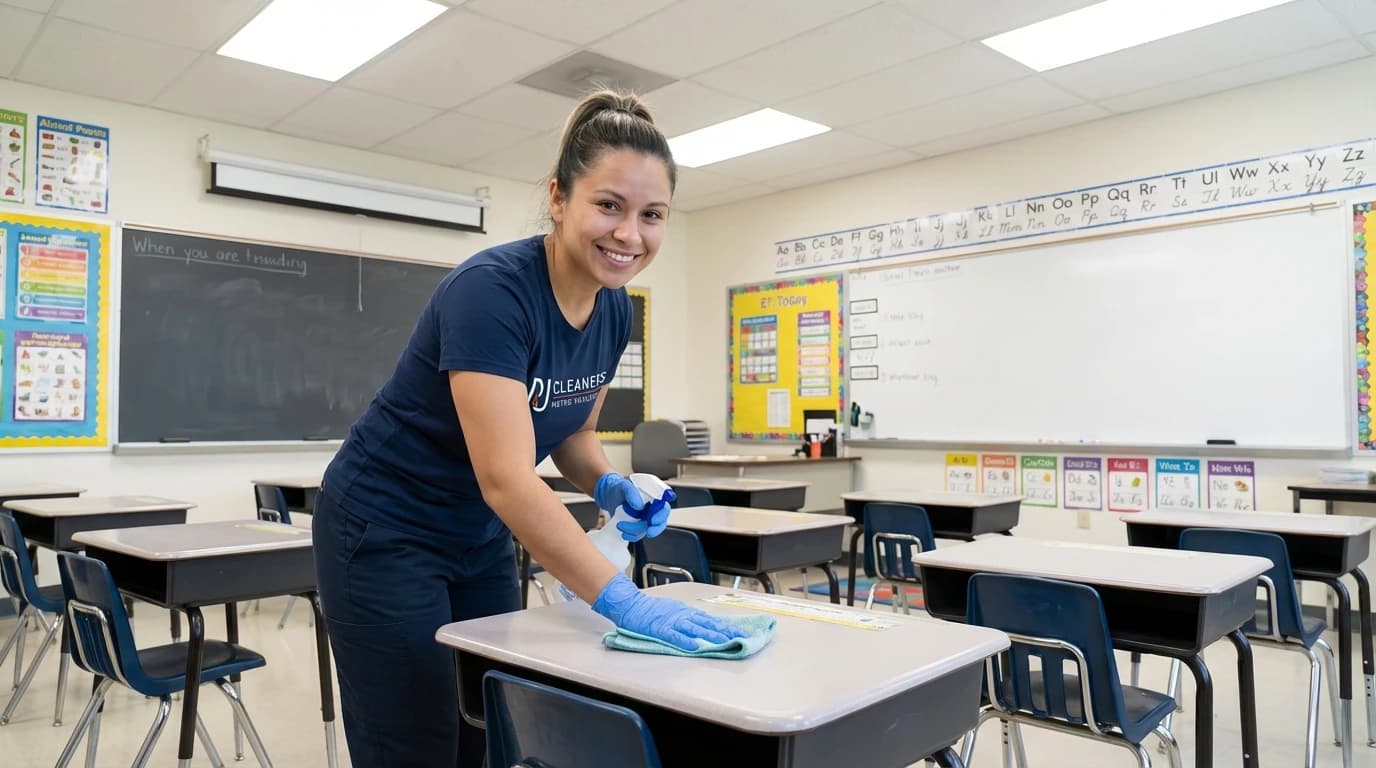 Smiling cleaner sanitizes desk surfaces in organized, well-lit classroom environment