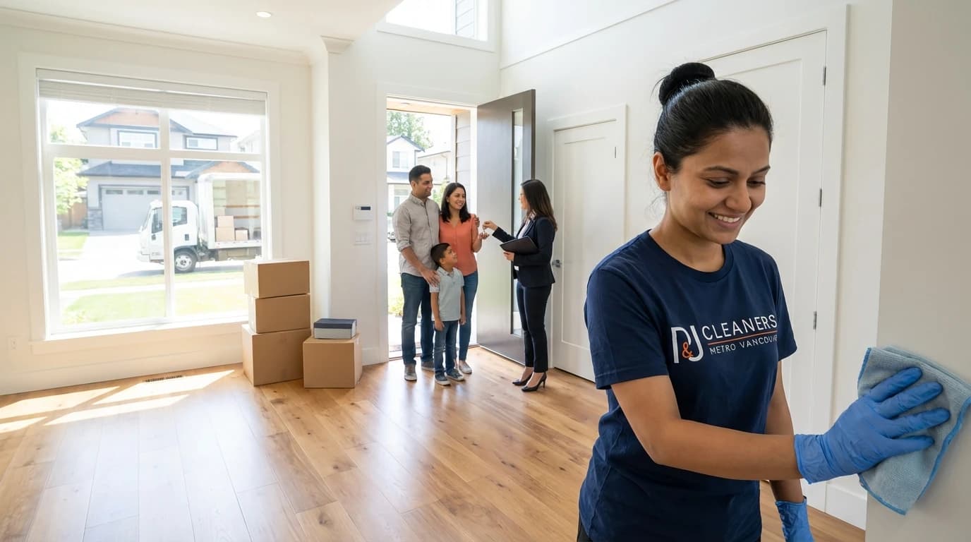 Cleaner wiping wall in new home as family receives keys at front door.