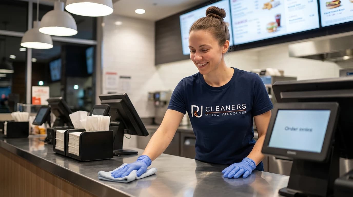 Cleaner wipes down stainless steel counter in restaurant wearing company shirt and gloves