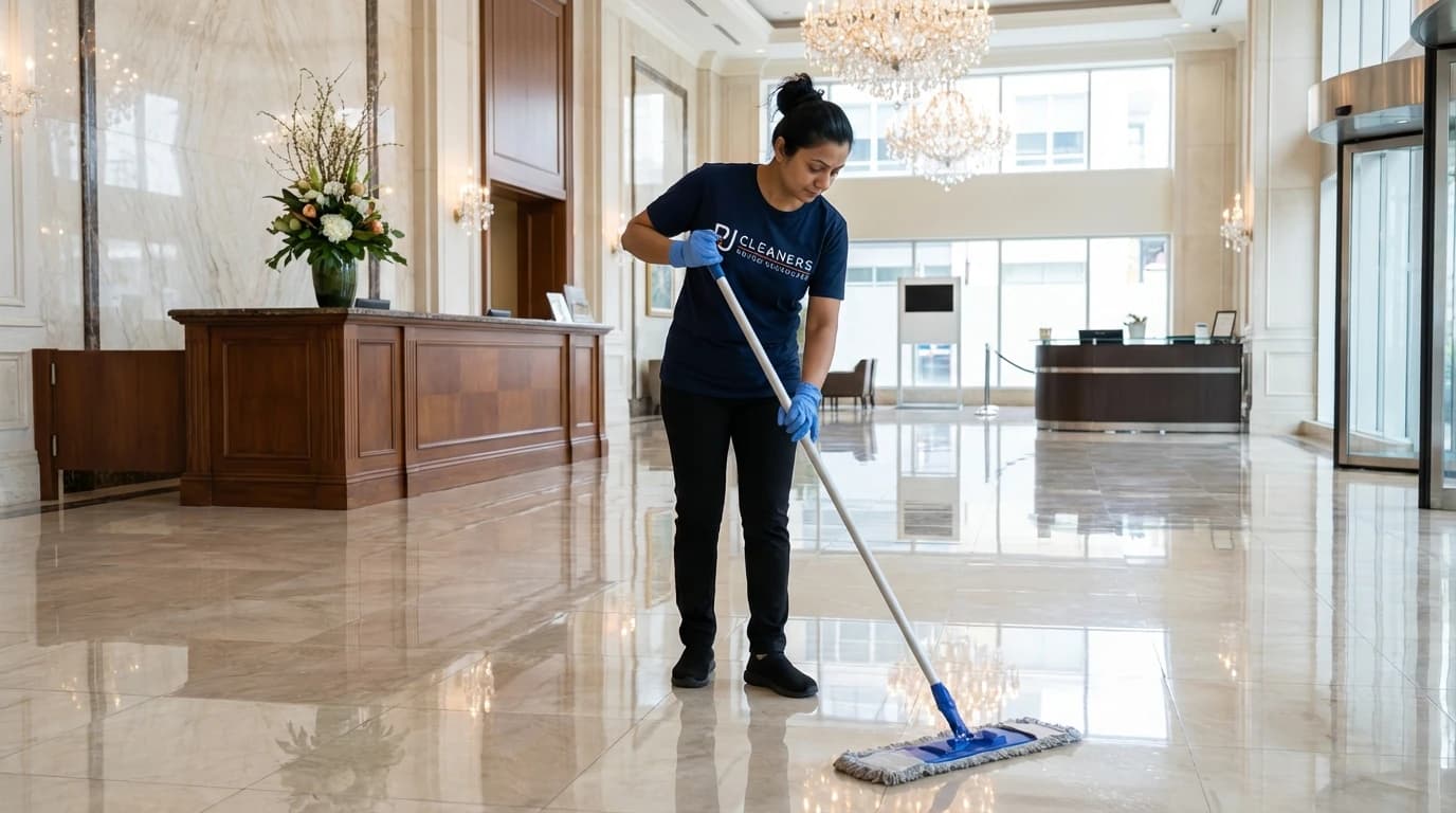 Cleaner mops shiny marble floors in elegant lobby with chandelier and reception desk