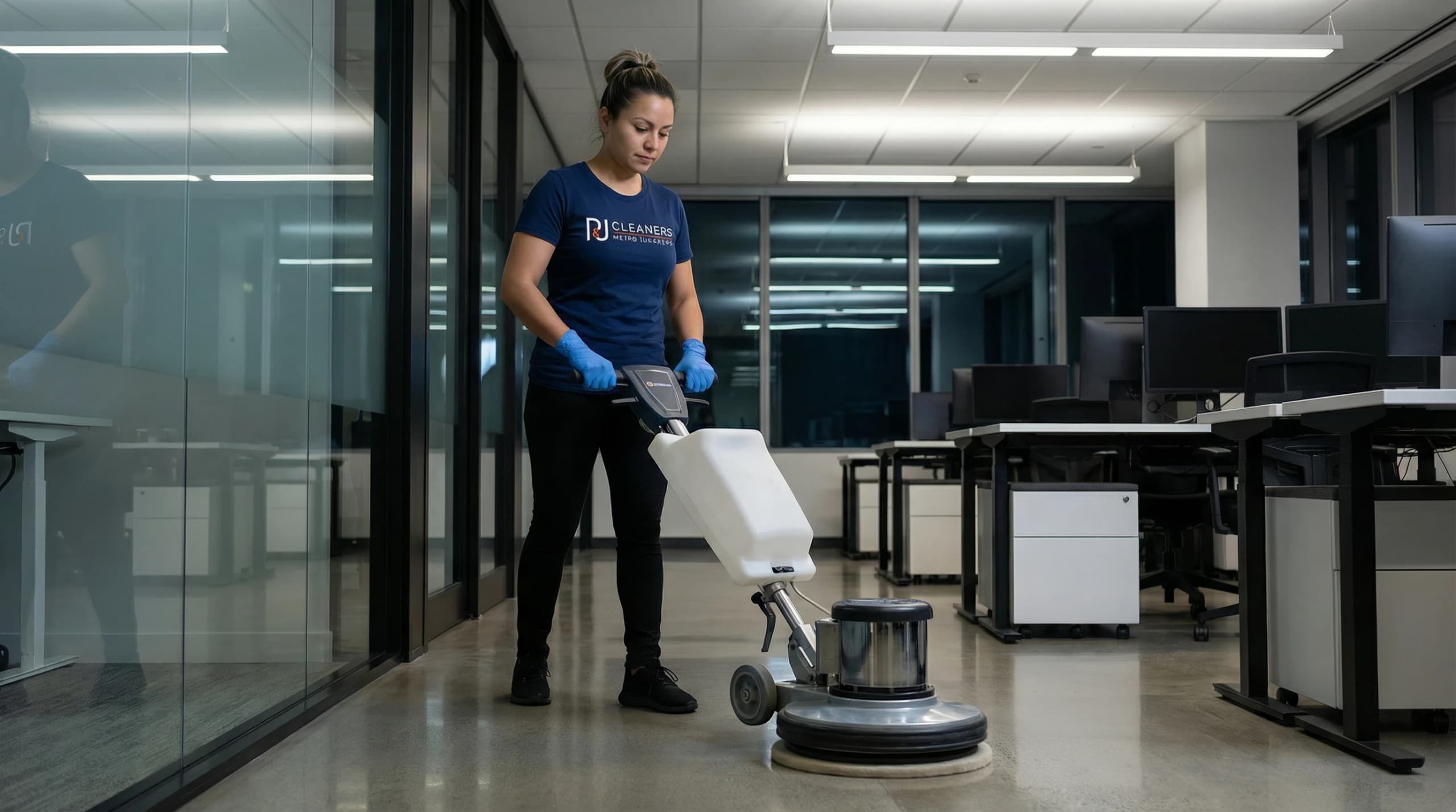 Professional floor scrubber cleaning large corporate office space at night
