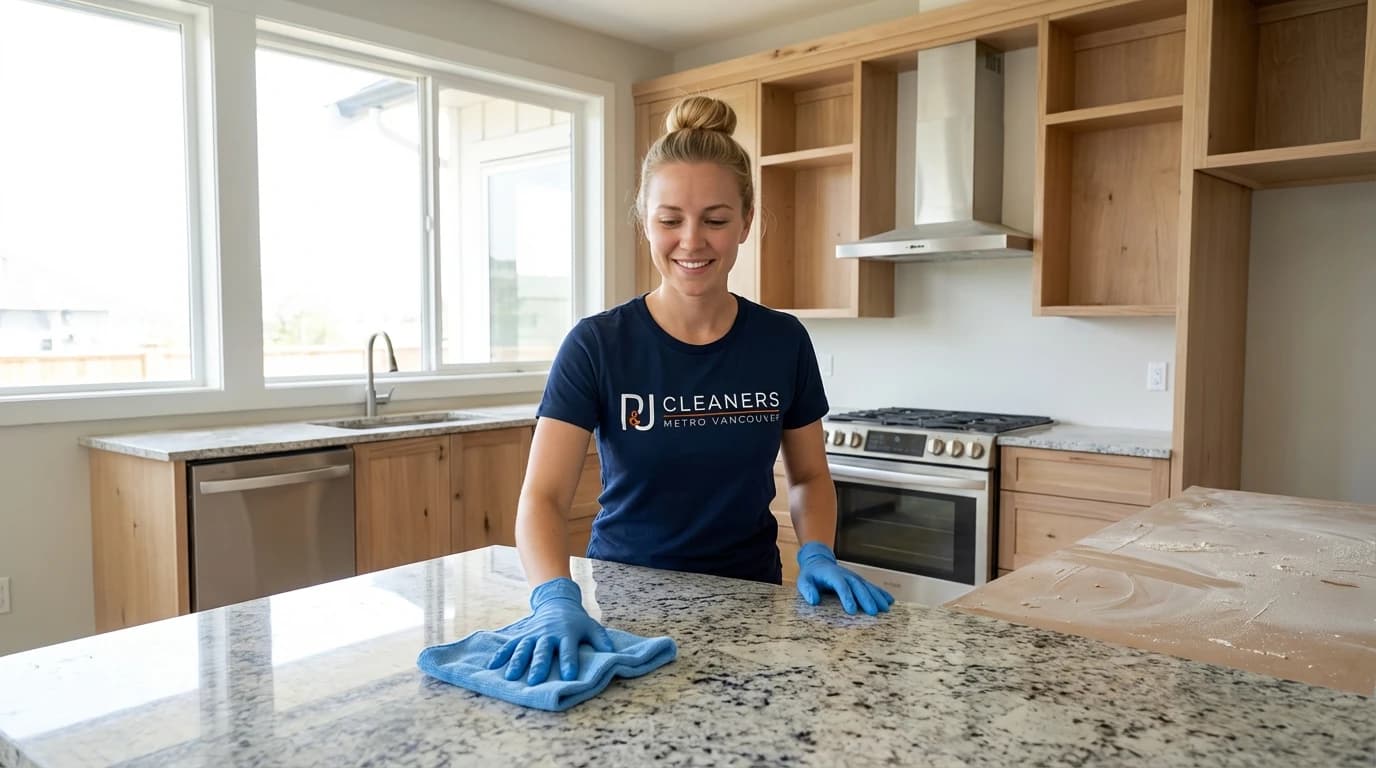 Professional cleaner wiping granite countertop with eco-friendly spray in modern Vancouver kitchen