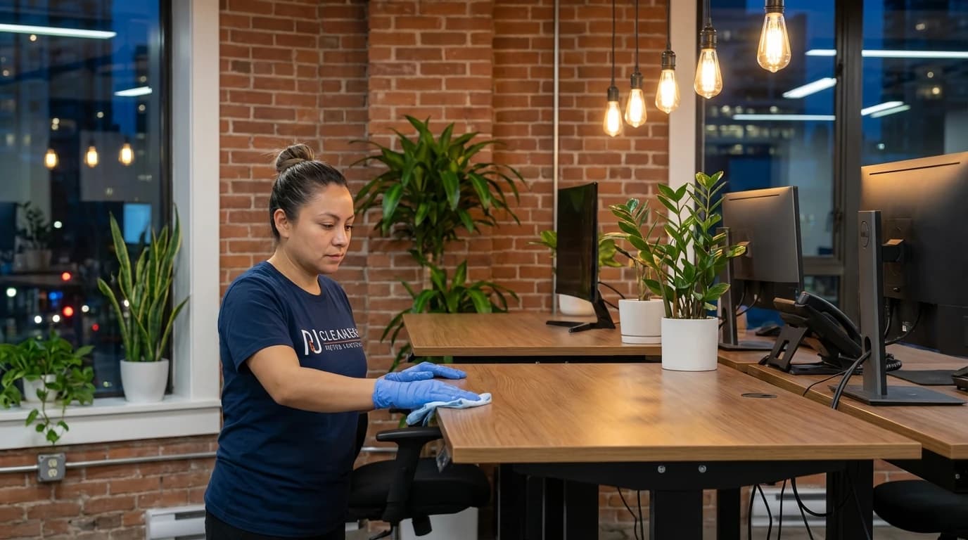 Professional cleaner maintaining modern open-plan office reception area with standing desks