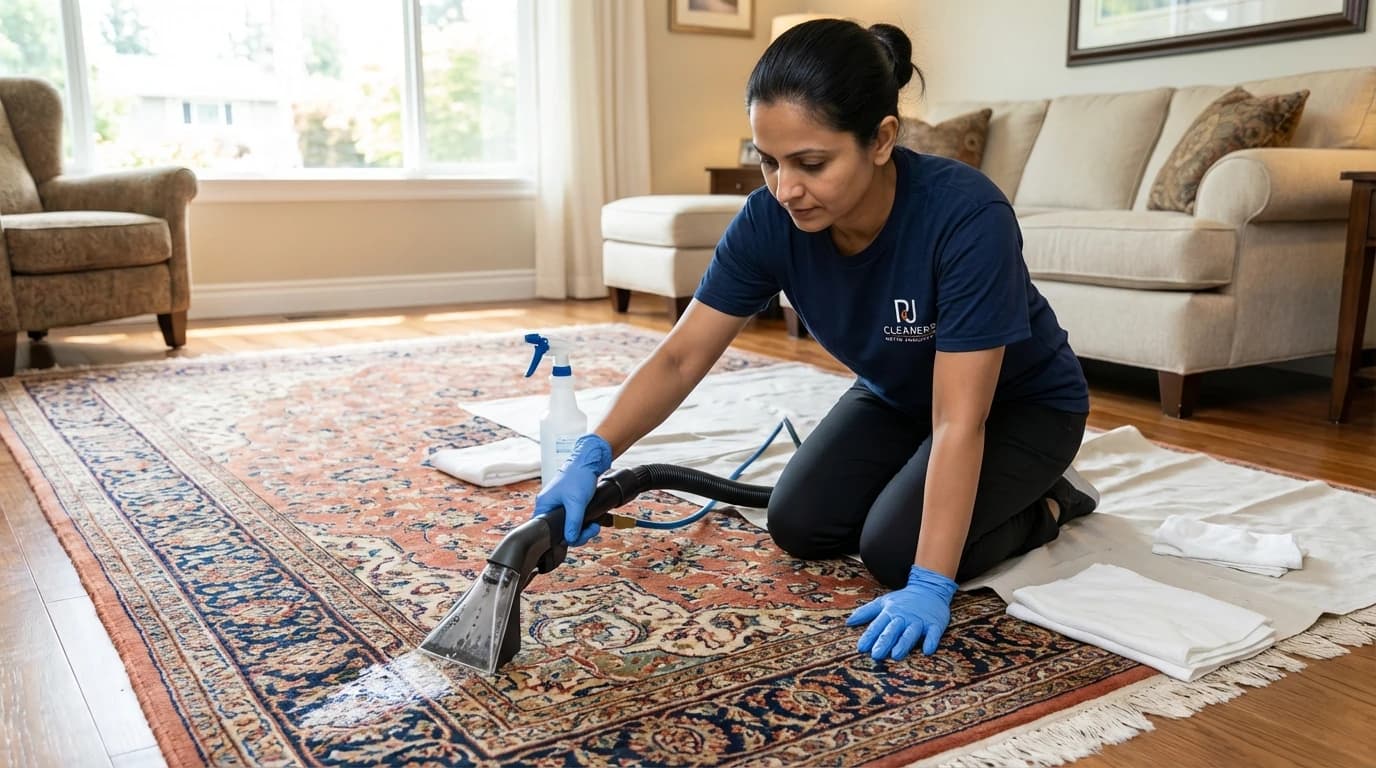 Professional cleaner using carpet extractor on ornate rug in bright living room