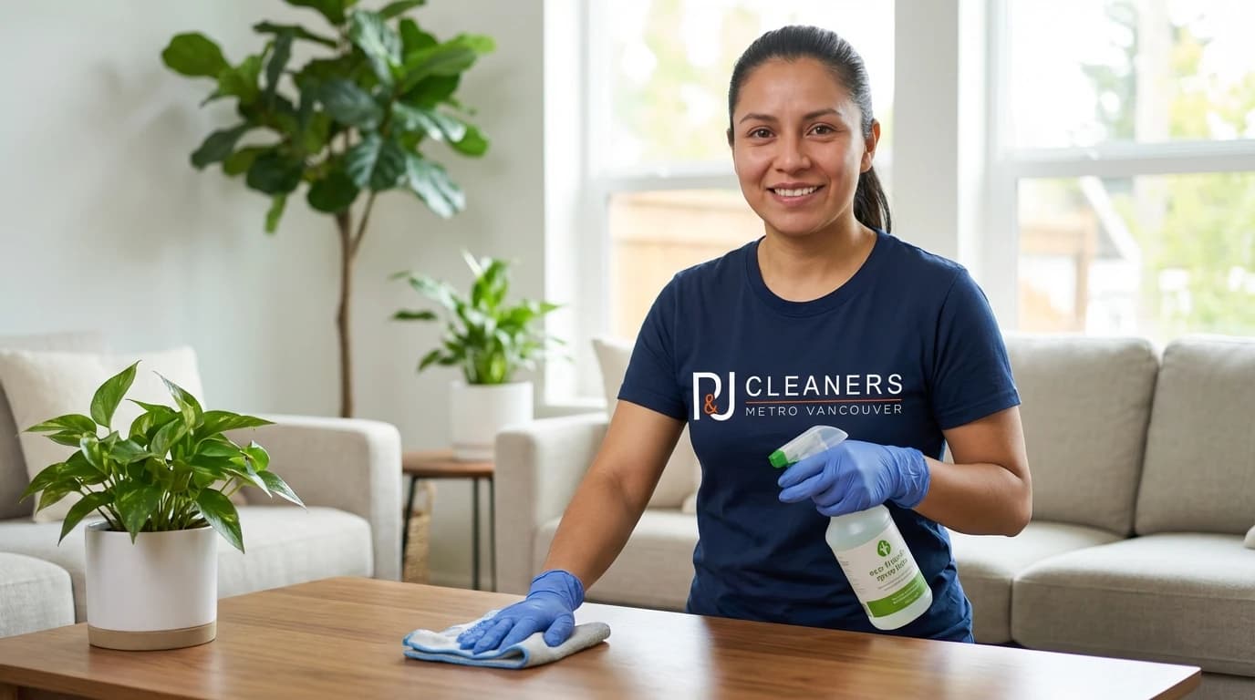 Smiling cleaner wipes wooden coffee table in bright, plant-filled living room