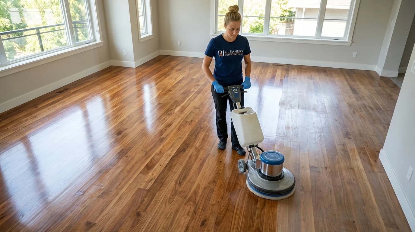 Cleaning professional using floor buffer on shiny hardwood floors in bright empty room