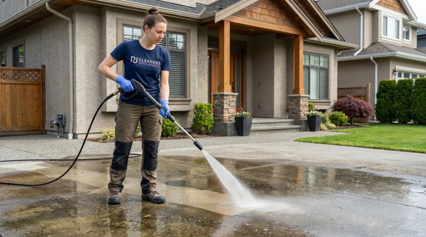 Professional cleaner using pressure washer on residential driveway removing debris