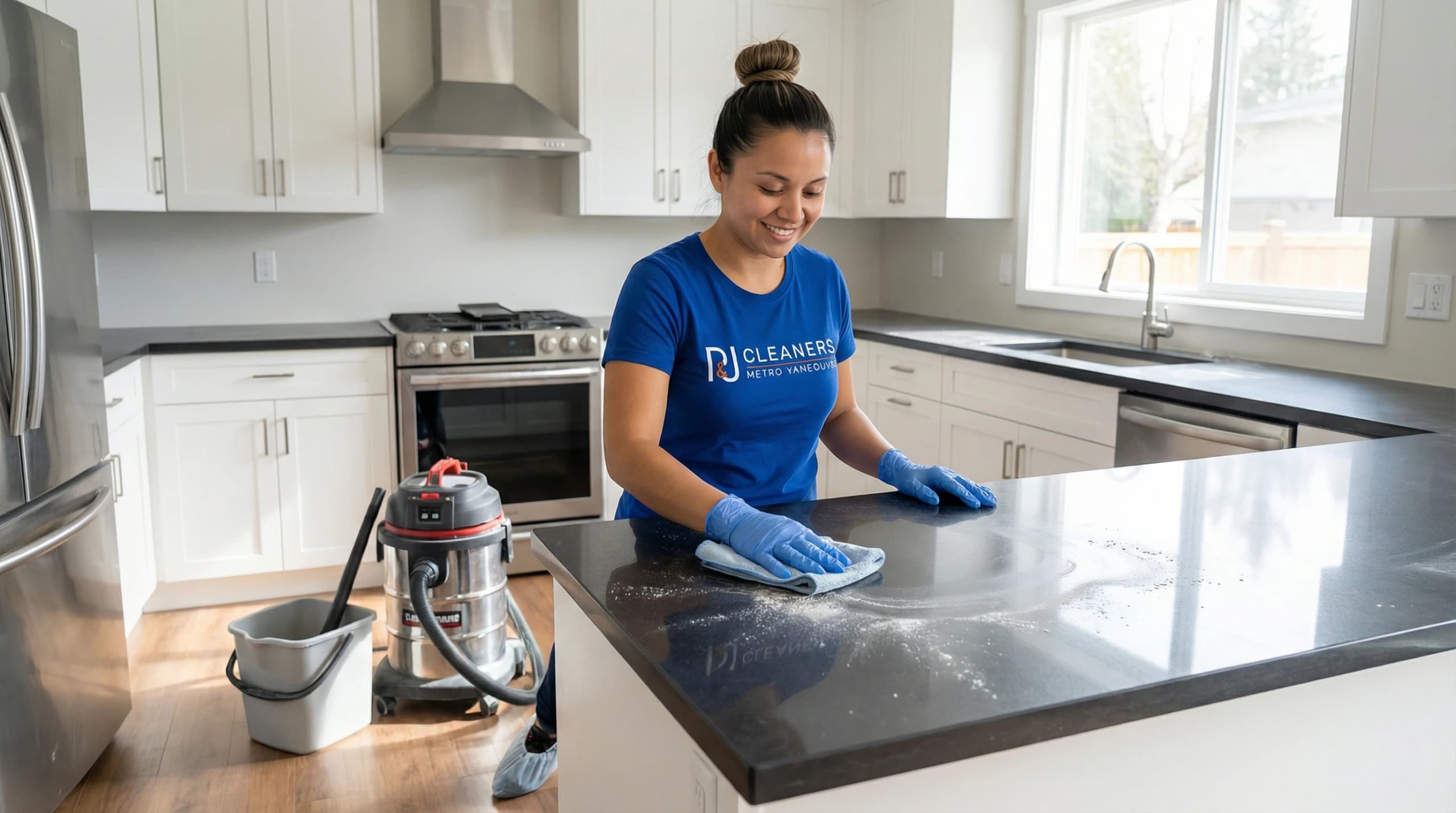 Professional cleaner wiping kitchen countertop with microfiber cloth in bright modern kitchen