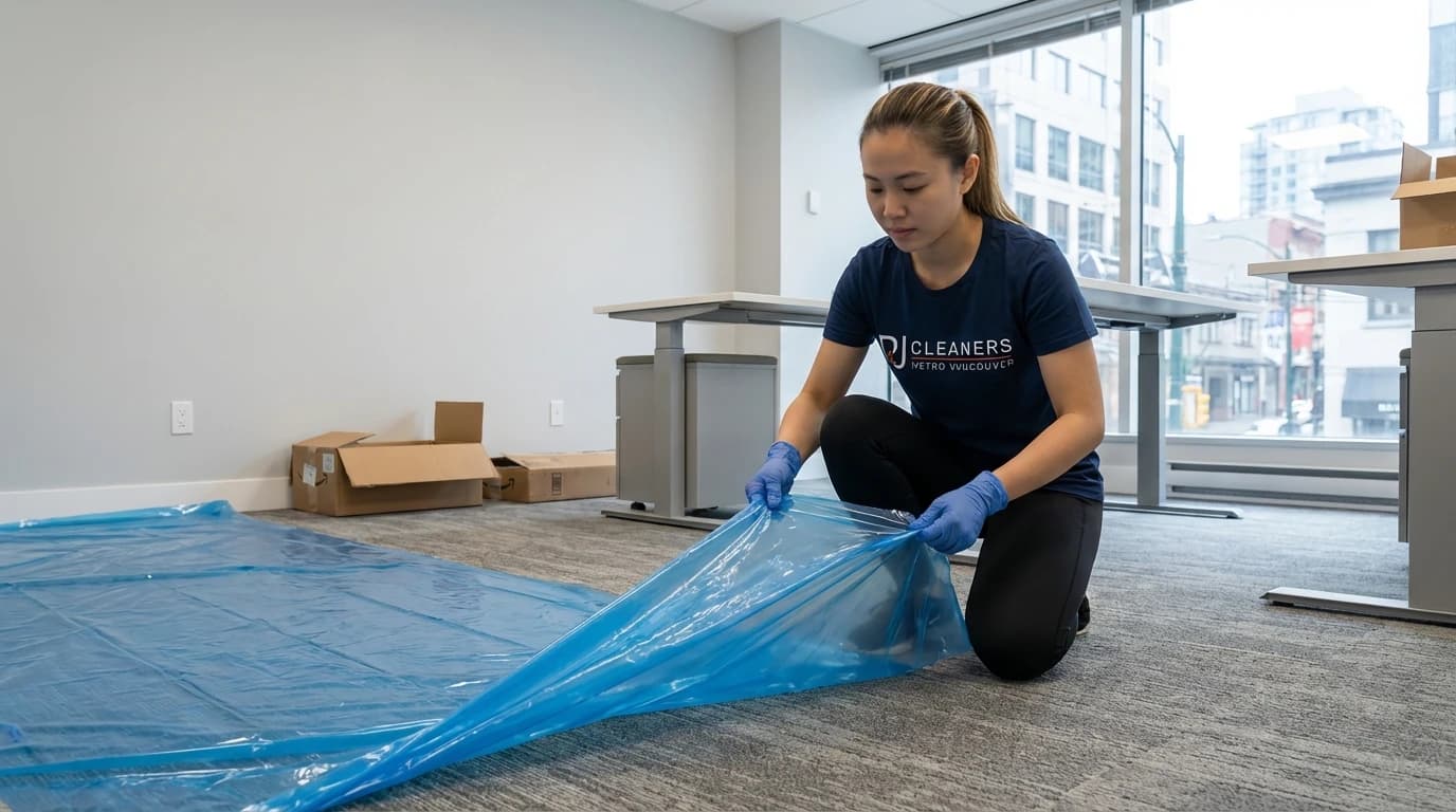 Cleaner vacuums entrance mat and wipes glass door in modern office lobby