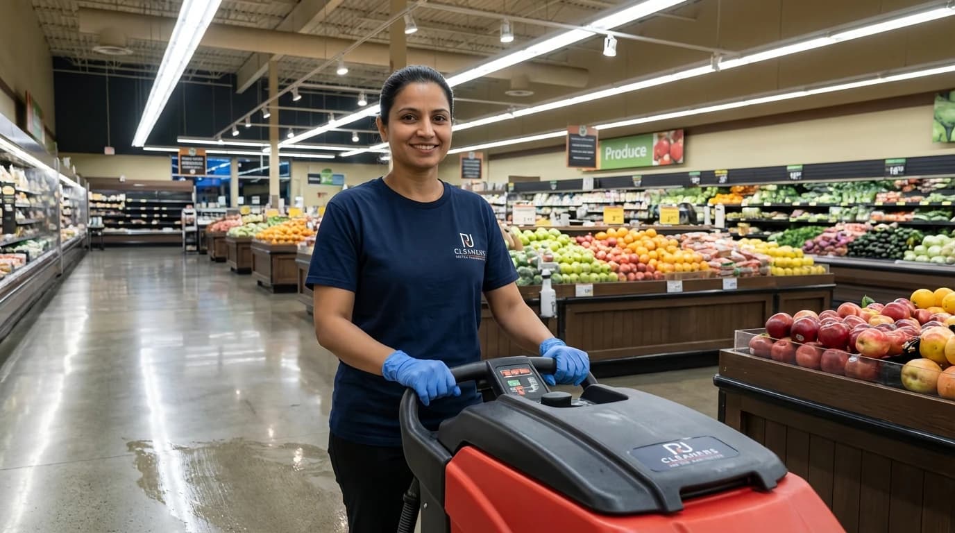 Trained cleaner operating commercial floor scrubber in Vancouver grocery store with proper safety equipment
