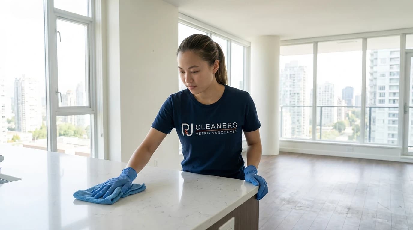 Professional cleaner wiping countertop in bright, empty Vancouver apartment during move-out
