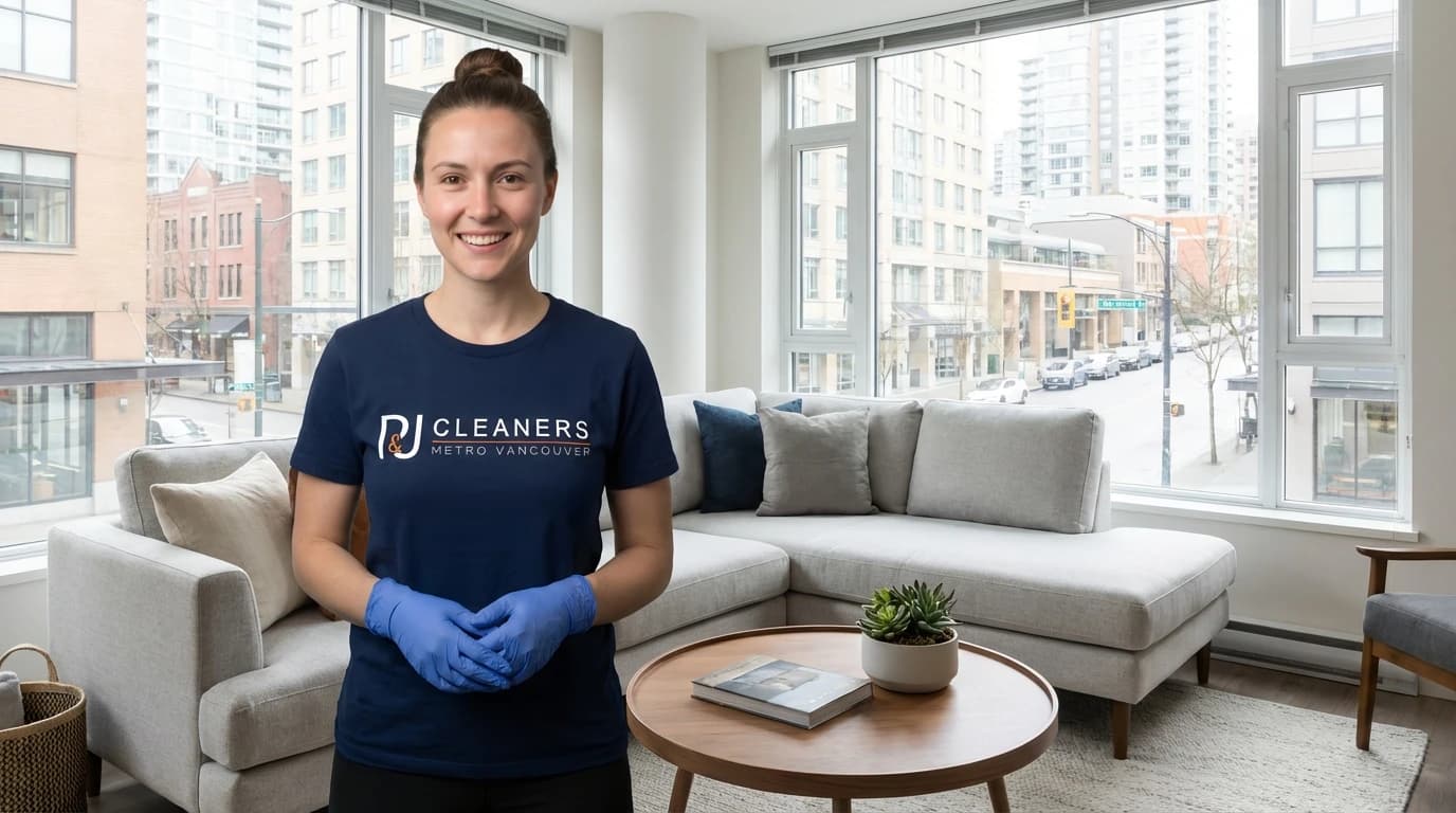 Professional cleaner preparing modern Vancouver living room for house cleaning service