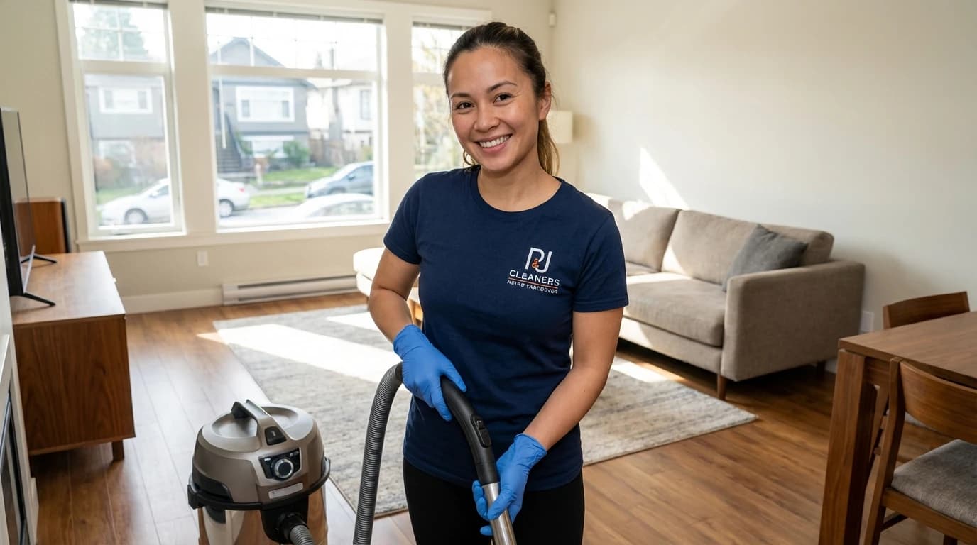 Professional cleaner using HEPA vacuum on living room carpet to remove allergens