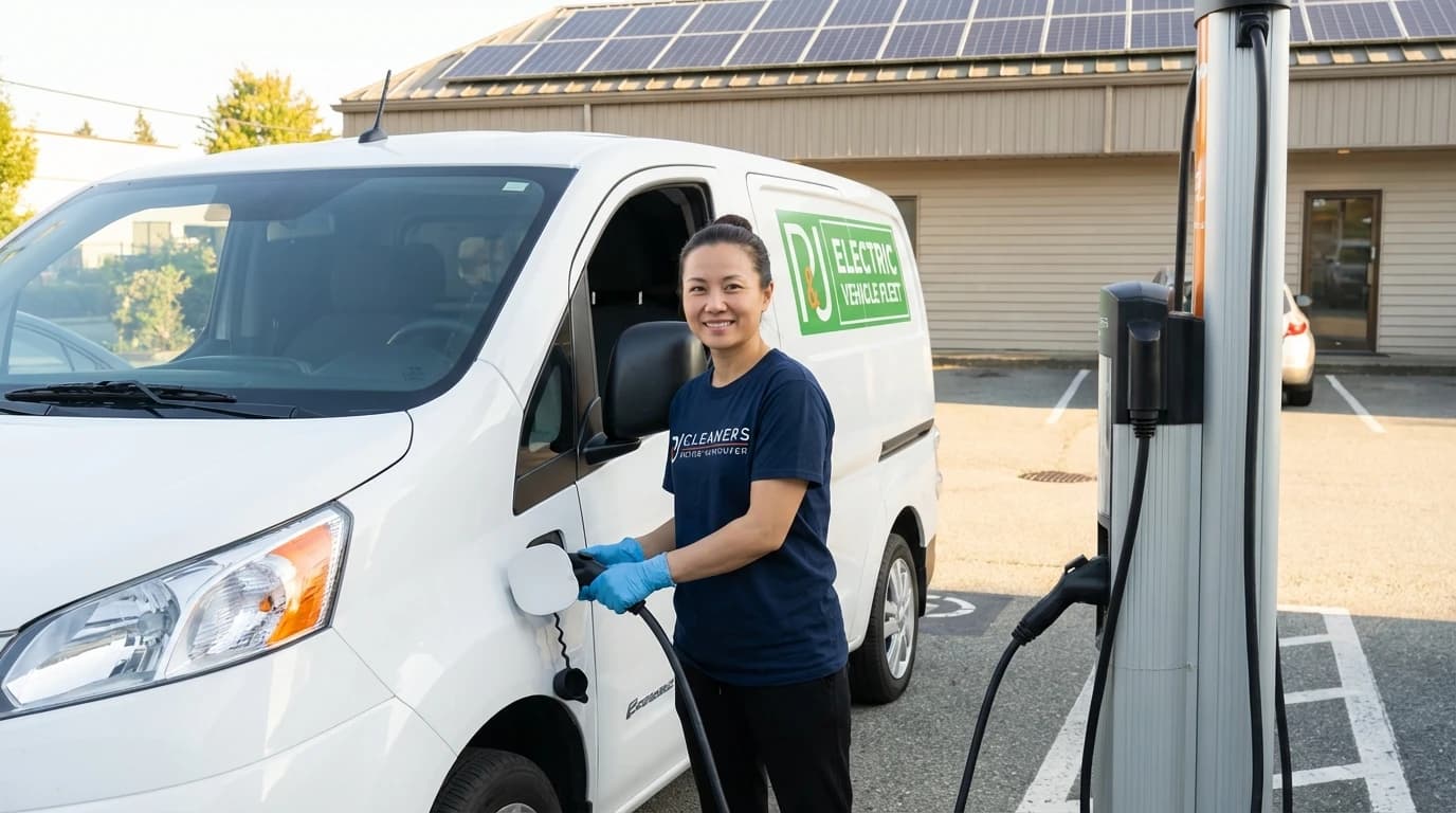 Cleaner charges electric company van at charging station with solar panels in background