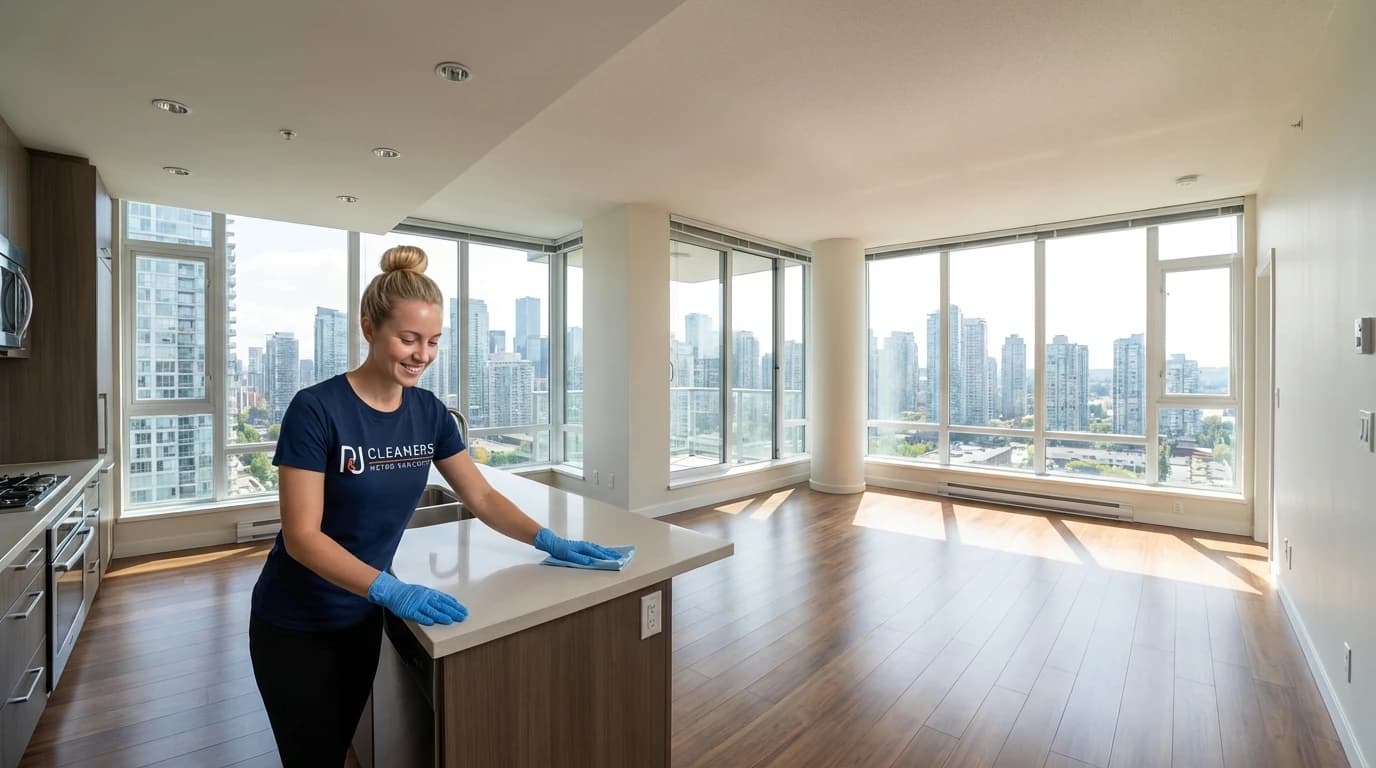 Professional cleaner using eco-friendly products upon request in modern New Westminster condo with city views