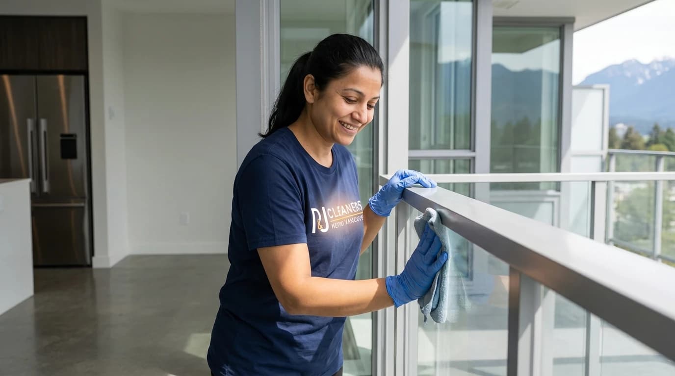 Smiling cleaner wiping balcony railing in modern apartment with mountain view