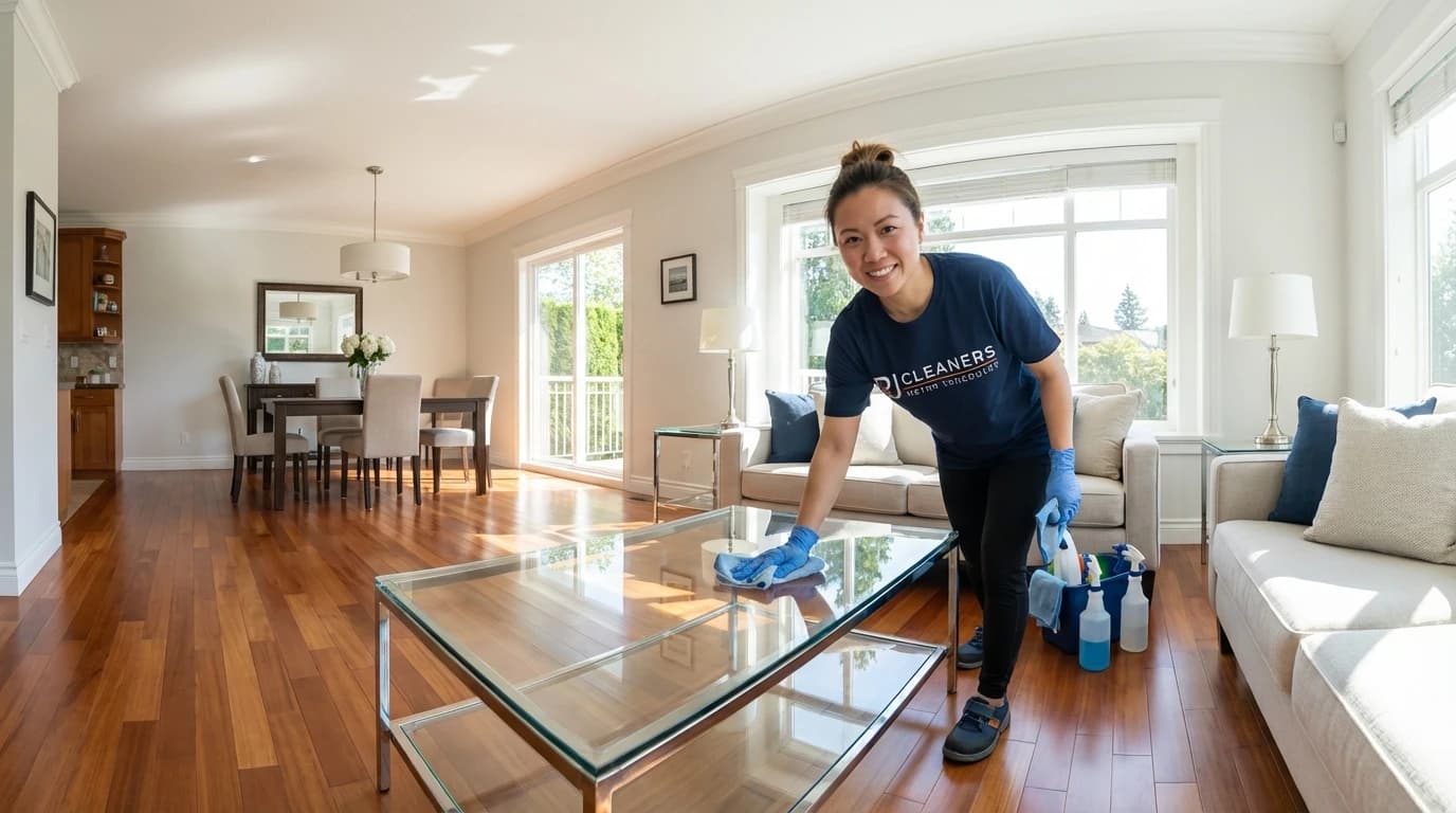 Smiling cleaner wiping glass coffee table in bright, modern living room